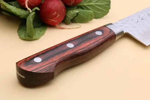 Miniatura 9 de Yoshihiro VG-10 Damascus Santoku cuchillo japonés multiuso, para chef, 7 pulgadas (estilo occidental, mango de madera de caoba)