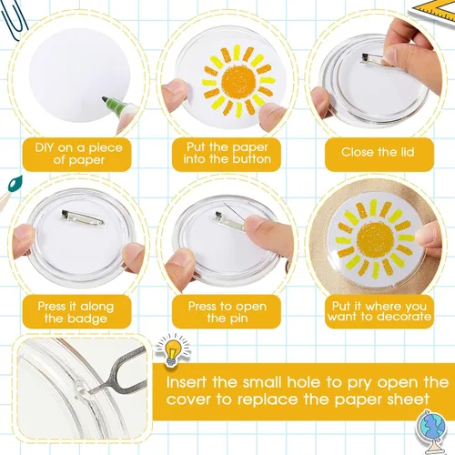 Miniatura 3 de 100 botones acrílicos transparentes de 3 pulgadas con 200 papel, 20 herramientas de extracción de tarjetas SIM, haz tus propios botones con alfiler