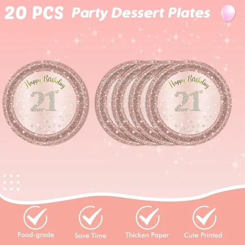 Miniatura 3 de 62 piezas de decoraciones de cumpleaños número 21 para niñas y ella, suministros de fiesta de cumpleaños de oro rosa incluyen 40 platos, 20
