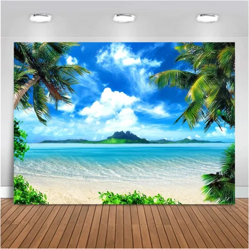 Miniatura 11 de Fondo de Fotografía Tropical Hawaiano Playa Palmera Cielo Azul y Nubes Blancas Decoración de Fiesta de Boda Telón de Fondo de Fotografía 5x3 pies