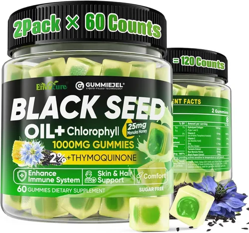 Gomitas de aceite de semilla negra y clorofila, biotina de 500 mcg con colágeno hidrolizado, miel de manuka cruda, orgánica prensada en frío, máxima