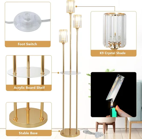 Miniatura 5 de HMVPL Lámparas de pie doradas para sala de estar, lámpara de pie moderna con estantes, lámparas de pie de cristal con mesa, lámpara alta de latón