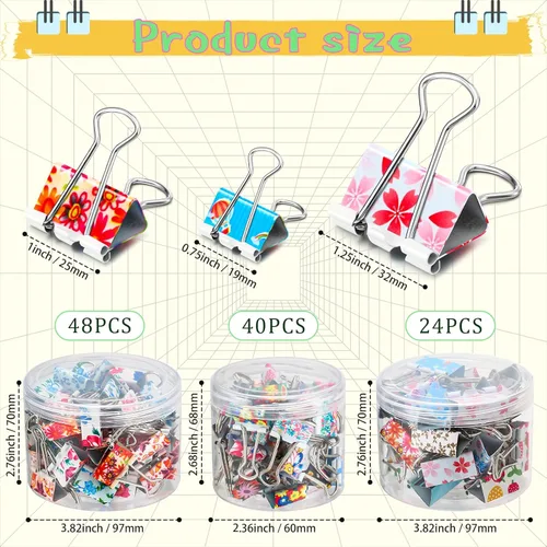Miniatura 2 de Cholemy 112 clips para carpetas con caja, 3 tamaños, suministros de oficina florales, de colores, grandes, medianos, pequeños, de varios tamaños
