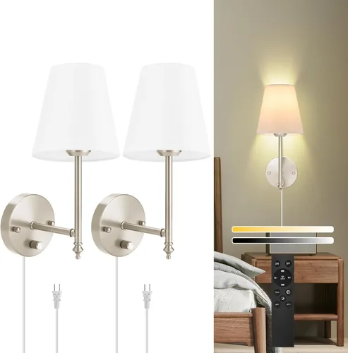 Miniatura 9 de Juego de dos apliques de pared regulables, apliques de pared enchufables con pantalla de tela blanca, lámpara de pared para dormitorio, sala