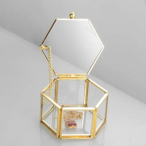 Miniatura 6 de Feyarl Pequeña caja de joyería de cristal dorado para joyería de joyería de joyería de cristal adornado, caja organizadora de recuerdos, caja