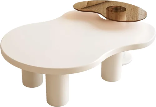 Miniatura 6 de Juego de 2 mesas de centro anidables modernas, con forma de nube irregular, color blanco crema, mesas centrales que ahorran espacio para sala