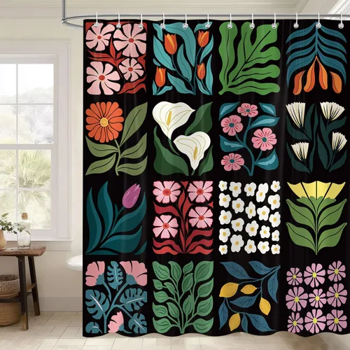 Cortina de ducha retro floral vintage, patrón geométrico lindo floral abstracto, decoración de baño negro, divertido botánico, bohemio, estético,