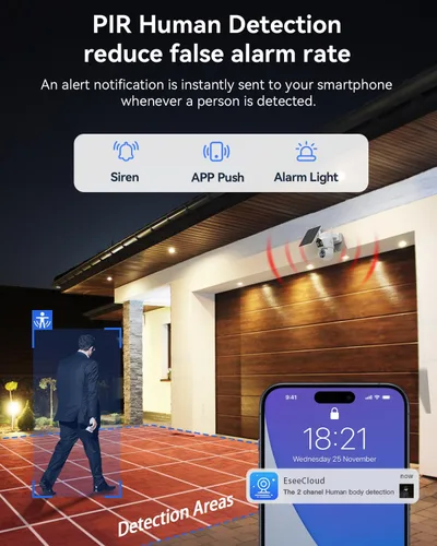 Miniatura 6 de Cámara solar inalámbrica para exteriores, 2 cámaras solares de doble lente de 4MP+ 4MP para sistema de seguridad del hogar con monitor de 12