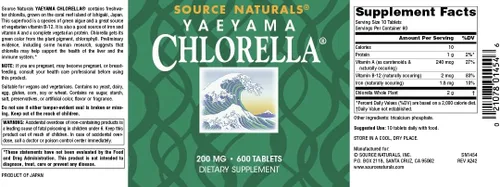 Miniatura 4 de Source Naturals Yaeyama Chlorella 200mg Algas Superalimento Suplemento Nutricional Fuente de B-12, Hierro, Proteína y Vitamina A - 600 Tabletas