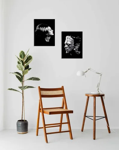 Miniatura 4 de Juego de 2 lienzos artísticos de pared para parejas de Frankenstein de Halloween de 11 x 14 pulgadas, juego de 2 decoraciones para el hogar, sala