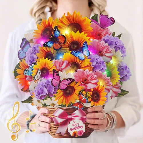 Miniatura 13 de MZD8391 Tarjetas de cumpleaños con música y luces, tarjeta de feliz cumpleaños, oso y margarita, ramo de flores de tamaño natural de 10 pulgadas