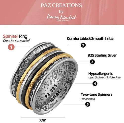 Miniatura 3 de Paz Creations - Anillos giratorios de plata de ley 925 para mujeres y hombres, anillo de meditación de banda gruesa con patrón martillado, joyería