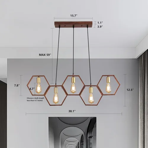 Miniatura 4 de Iluminación industrial de isla de cocina de 5 luces, lámparas rústicas para comedor, lámpara de granja, lámpara colgante de techo de madera