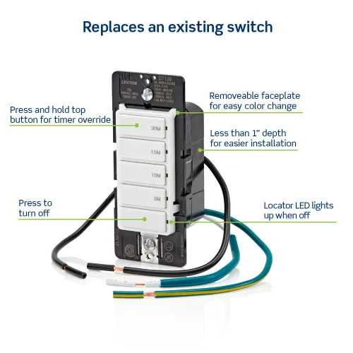 Miniatura 3 de Leviton Interruptor Temporizador de Cuenta Regresiva para ventilador de baño y luces del hogar, 5-10-15-30 minutos, no requiere neutro, unipolar