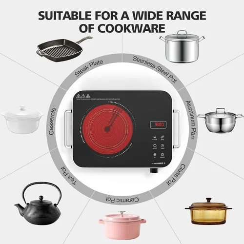 Miniatura 6 de Placa de cocina eléctrica de 110V, estufa eléctrica portátil de 1800W, placa caliente infrarroja, quemador individual Nafewin para encimera