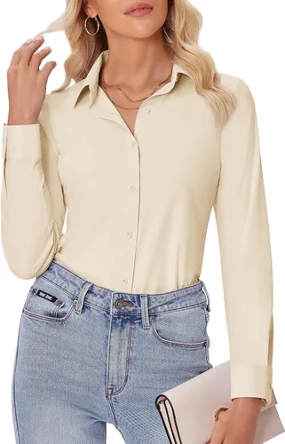 Miniatura 18 de siliteelon Camisas con botones para mujer, ajustadas, de manga larga, elásticas, de vestir, camisas de trabajo, sin arrugas, blusas de oficina