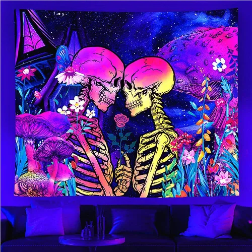 Miniatura 3 de SIGISY Tapiz para amantes del cráneo de luz negra, tapiz romántico para amantes del cráneo, tapiz floral de hongos reactivos a los rayos UV, tapiz