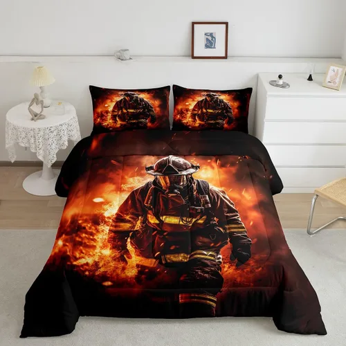 Miniatura 20 de Juegos de Edredón de Bombero Tamaño Twin para Niños, Adultos y Adolescentes, Juego de Ropa de Cama con Patrón de Insignia de Bombero y Llama