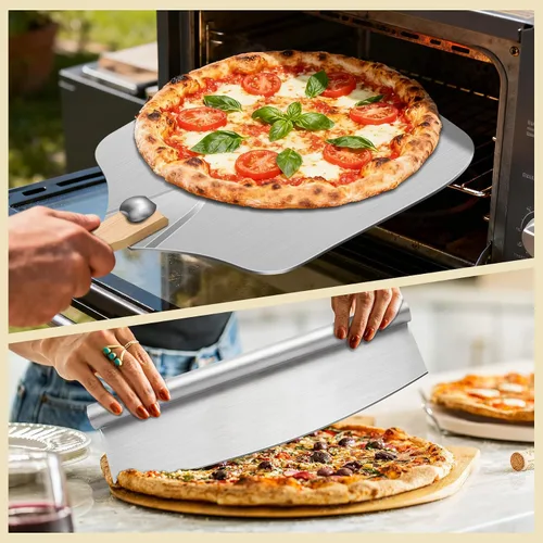 Miniatura 5 de MOVNO - Espátula de aluminio para pizza, pala de pizza de metal de 12 pulgadas (12 x 14 pulgadas) con cortador basculante, mango de madera plegable