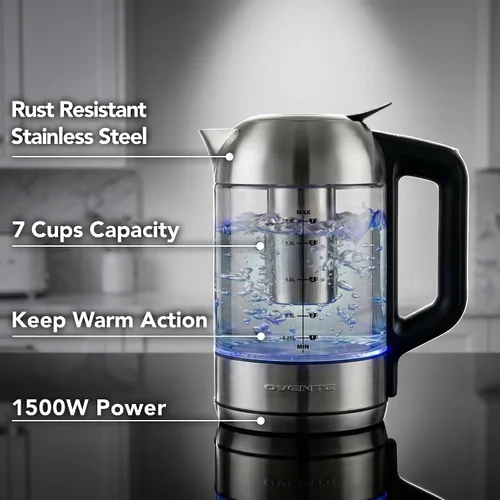 Miniatura 4 de OVENTE Hervidor eléctrico de vidrio digital con control de temperatura, hervidor de té eléctrico inalámbrico de 1.8 L con 7 presets, olla eléctrica