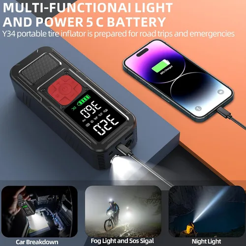 Miniatura 7 de Compresor de aire portátil Y34 para inflado de neumáticos, inflado 4 veces más rápido, 10000 mAh sin cable/12 V CC 150 PSI bomba de aire