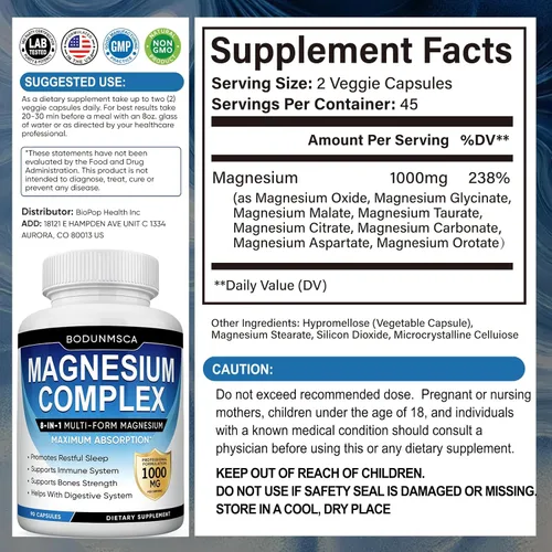 Miniatura 7 de Complejo de magnesio de 1000 mg, cápsulas de suplemento de magnesio 8 en 1 con glicinato, citrato, malato y taurato, apoya los músculos, los huesos