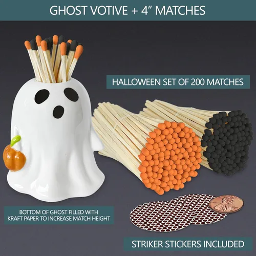 Miniatura 2 de Fósforos naranja y negro de 4 pulgadas y fantasma de Halloween + calcomanías de Striker incluidas. 100 coincidencias decorativas de seguridad con un