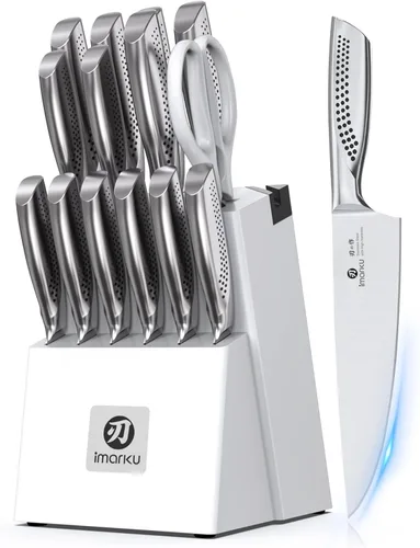 imarku® Juego de Cuchillos, Acero Inoxidable HC Japonés, Juego de Cuchillos de Cocina de 15 Piezas con Bloque con Afilador Integrado, Juego de