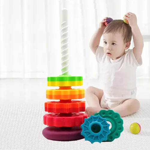 Miniatura 7 de LUCKFUTURE Juguetes educativos giratorios apilables, anillos apilables de arco iris, juguete de aprendizaje sensorial Montessori para niñas y niños