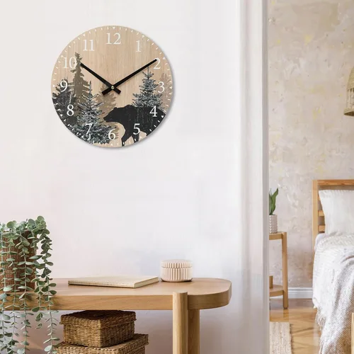 Miniatura 7 de SwallowLiving Reloj de pared con oso de cabaña, 12 pulgadas, silencioso, sin tictac, bosque de madera, vida silvestre, montaña, cabaña, reloj