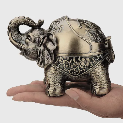 Miniatura 5 de LAUYOO Cenicero de metal con tapa de elefante a prueba de viento, ceniceros al aire libre, cenicero para interiores para malas hierbas, decoración