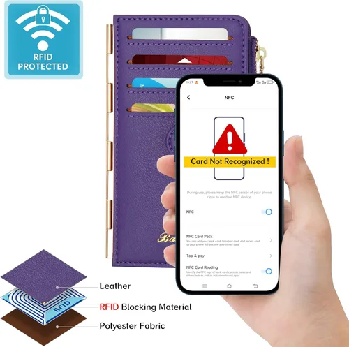Miniatura 5 de Badiya Tarjetero de crédito para mujer, con bloqueo RFID, delgada, plegable, con bolsillo con cremallera y 3 ventanas para identificación, Violeta
