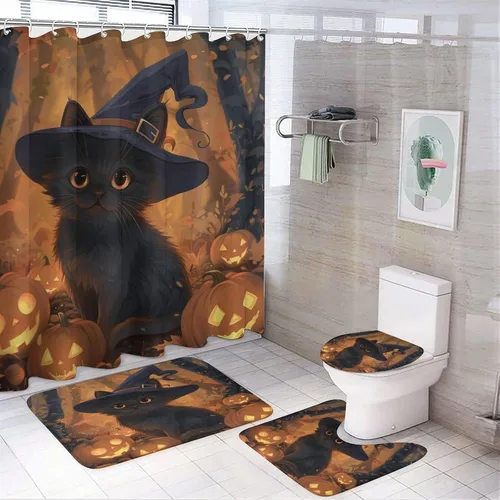 Miniatura 10 de Juego de 4 cortinas de ducha divertidas con diseño de gato, calabaza, luna, con alfombras, tapa de inodoro y tapete de baño, farol de Halloween