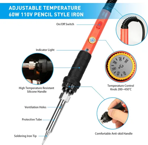 Miniatura 2 de Kit de soldador mejorado, 60 W, con temperatura ajustable, herramienta soldadora con interruptor de encendido/apagado, para reparaciones eléctricas