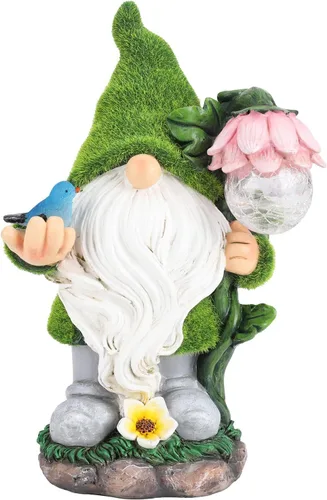 Estatua de gnomo de jardín, divertida decoración de gnomo con luces solares de globo de cristal, adorno de gnomos de resina para patio, césped, Luz