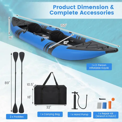 Miniatura 7 de GYMAX Kayak inflable, kayak tándem de 12.5 pies y 507 libras con 2 remos de aluminio, 2 asientos acolchados, reposapiés, 2 aletas, bomba de mano