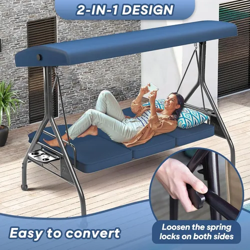 Miniatura 5 de ZZW Columpio de patio para porche al aire libre de 3 asientos con soporte de 800 libras, cama columpio convertible 2 en 1 con toldo ajustable