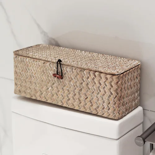 Miniatura 9 de Cesta de Almacenamiento de Seagrass Blanqueado con Tapa Tejida para Rollos de Papel Higiénico con Secciones Rectangular para Organizar Snacks