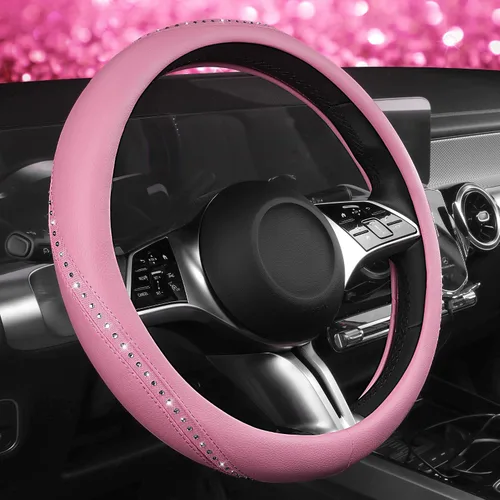 CAR PASS Funda para Volante de Cuero Rosa con Diamantes de Imitación Brillantes, Piedras de Imitación Brillantes con Tachuelas Ajuste Universal 14"