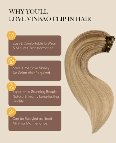 Miniatura 2 de VINBAO Extensiones de cabello humano con clip, balayage, color marrón ceniza a rubio caramelo, 14 pulgadas, 6 unidades, 3.53 onzas, 6