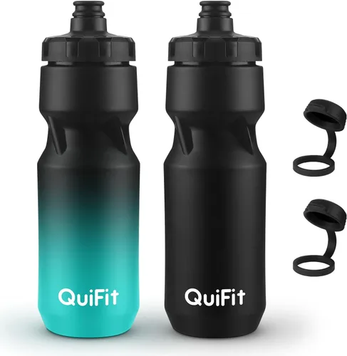 QuiFit Paquete de 2 botellas de agua comprimibles para bicicleta de montaña, a prueba de fugas, con cubierta antipolvo, sin BPA, se adapta a la