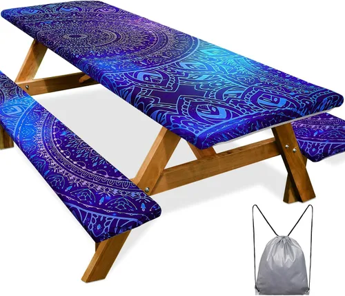 Miniatura 59 de Funda de mesa de picnic con fundas para bancos Esenciales de camping Mantel de picnic impermeable y a prueba de viento con bolsa de cordón, funda