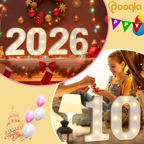 Miniatura 5 de Pooqla Letras y Números Decorativos con Luces LED, Letras y Números de Neón de Plástico Blanco para Decoración de Fiestas, Bodas, Funciona