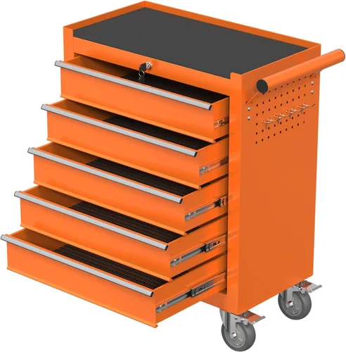Miniatura 10 de Caja de herramientas con ruedas de 5 cajones, armario de almacenamiento de herramientas de metal con cerradura y llaves y giratorio, caja de Naranja