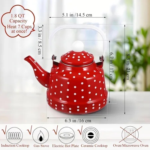 Miniatura 2 de Estufa de té esmaltada vintage de 1.8 cuartos de galón, tetera esmaltada con manchas rojas y blancas, esmalte en acero y café con asa, hervidor