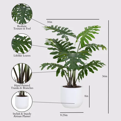 Miniatura 2 de CG Hunter Árbol de filodendro sintético, soporte de árbol artificial de alta calidad para interiores, 3 pies de alto, hojas realistas y tronco