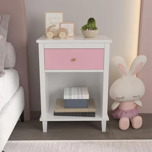 Miniatura 10 de Mesita de noche de madera para dormitorio con 1 cajón y 1 compartimento abierto (blanco)