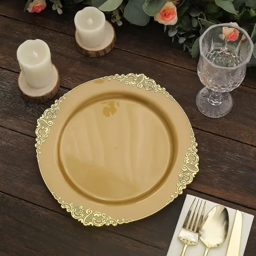Miniatura 35 de Tableclothsfactory Paquete de 10 platos redondos de plástico barroco dorado de 8 pulgadas para ensalada de postre, vajilla desechable con borde