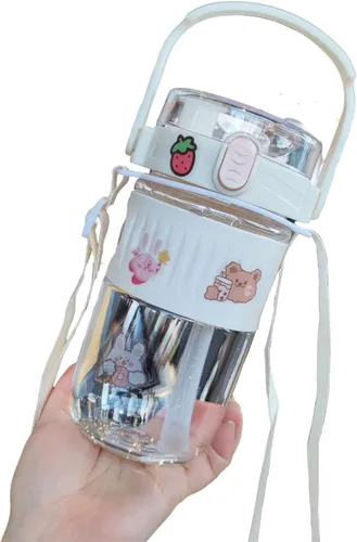 Miniatura 5 de Botella de agua kawaii con pajita, botella de agua portátil de plástico de gran capacidad con bonitas calcomanías (rosa, 23.1 fl oz)