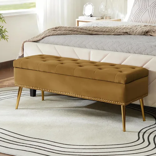 Miniatura 17 de HULALA HOME Moderno banco otomano de almacenamiento de terciopelo con base dorada y borde de cabeza de clavos, banco tapizado para dormitorio